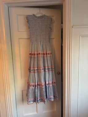 Oliphant Light Blue Smocked Maxi Dress with Coral Floral Bands